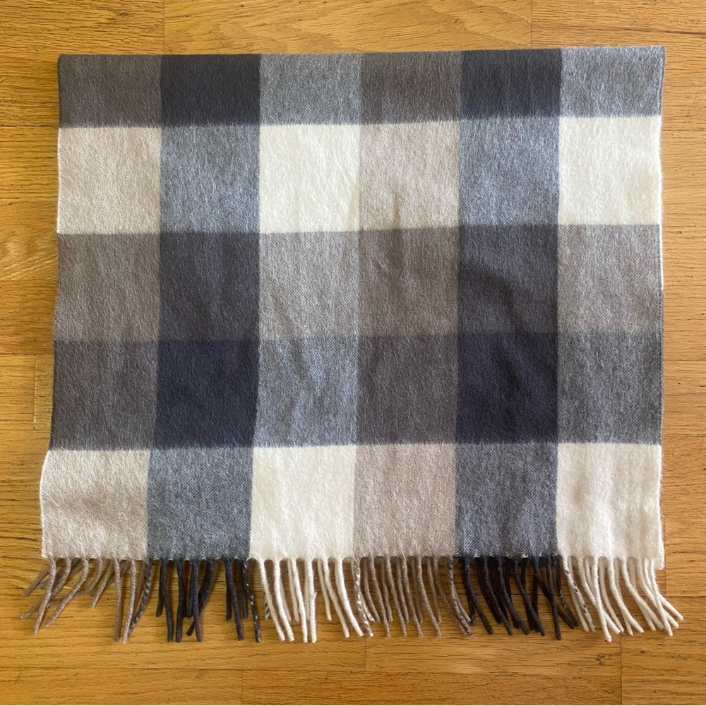 Agnona Plaid Neutral Angora Wool Cashmere Preppy Large Rectangular Fringe Scarf…
